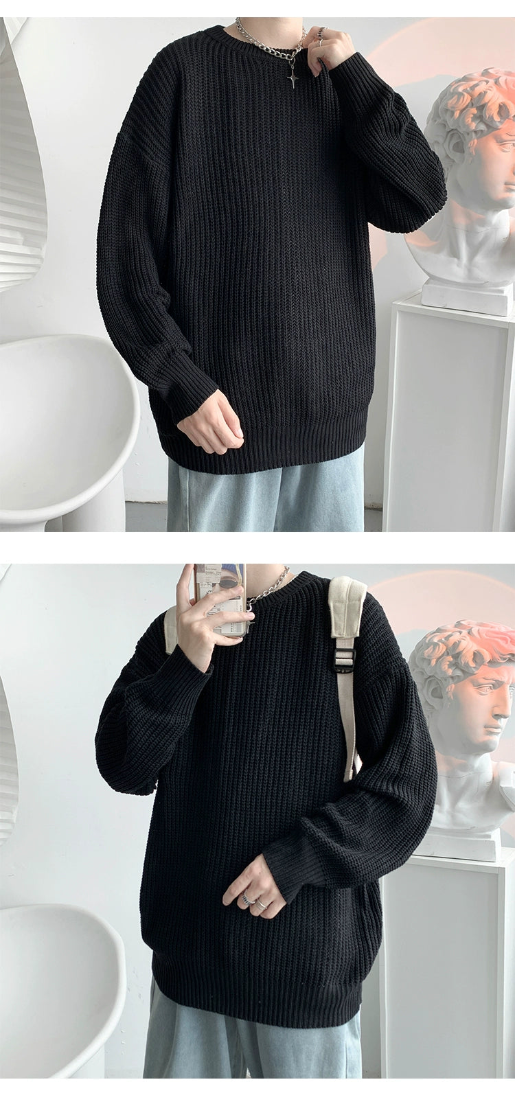 Hong Kong Style Sweater Men's Loose and Lazy Style Ins Casual Solid Color Sweater Japanese-Style Retro Student All-Matching Sweater