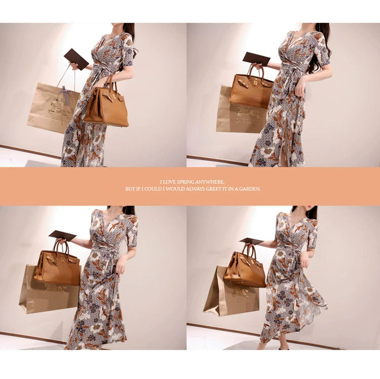 New Spring and Summer One-Piece Print Dress Shoelace Fashion Long Skirt Slim Looking High Elegant V Neck Slim Dress