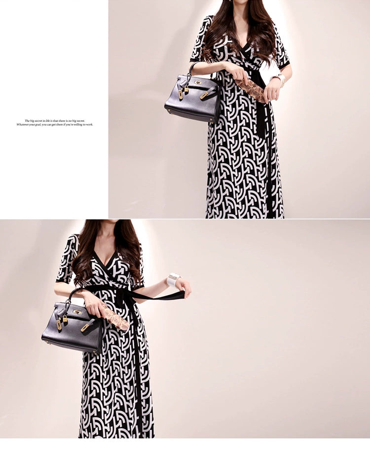 New Spring and Summer One-Piece Print Dress Shoelace Fashion Long Skirt Slim Looking High Elegant V Neck Slim Dress