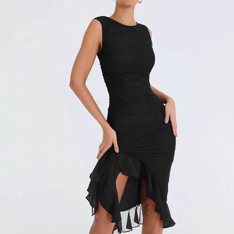 Magnificent Chinese Clothing European and American Style New round Neck Sleeveless Elegant Fashion Double Layer Sexy Tight Open Back Pleated Midi Dress