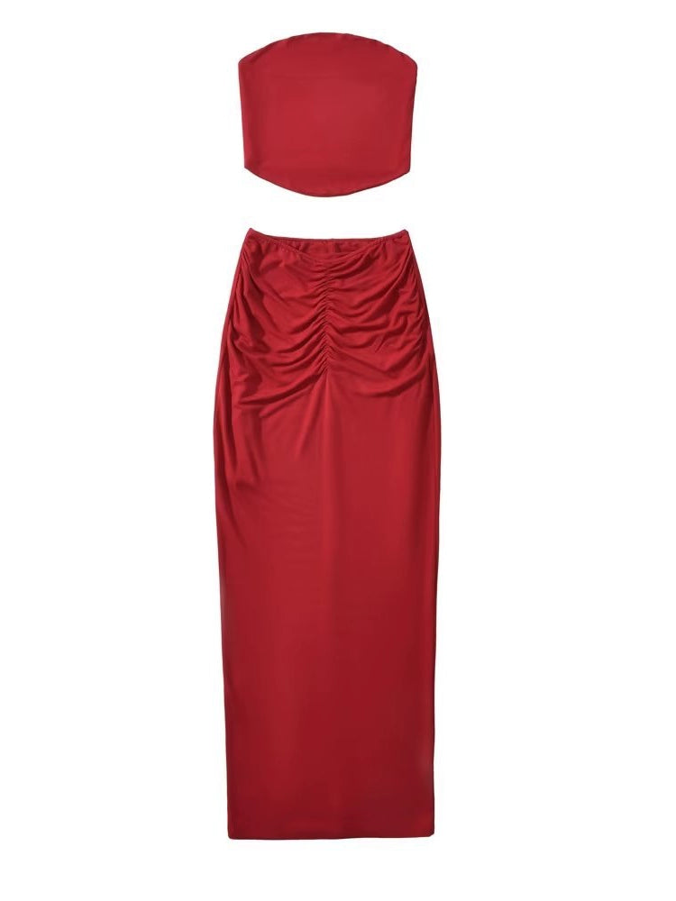 Internet Hot Two-Piece Suit Street Shot Sexy Pure Desire Sexy Tube Top Pleated Slim-Fit High Waist Flattering Split Sheath Dress