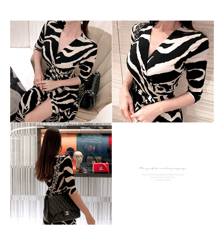 New Spring and Summer One-Piece Print Dress Shoelace Fashion Long Skirt Slim Looking High Elegant V Neck Slim Dress