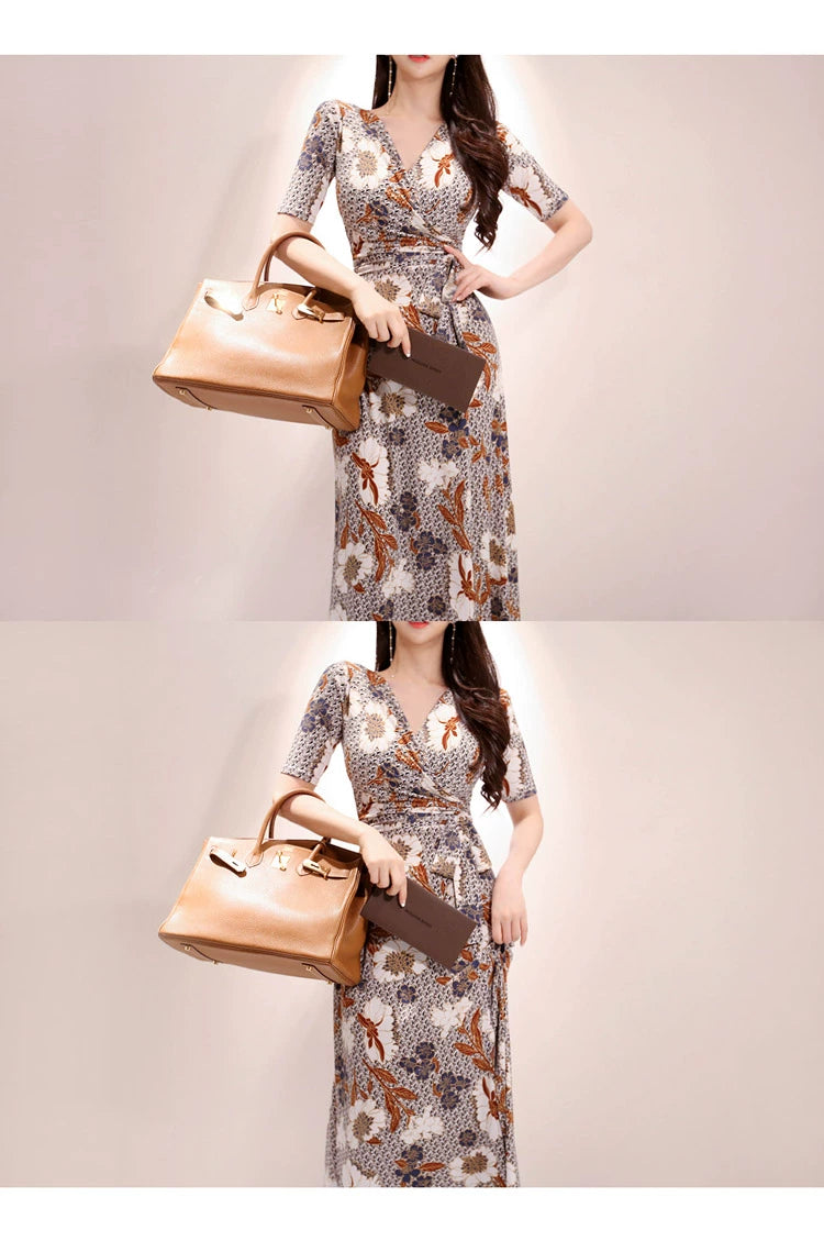 New Spring and Summer One-Piece Print Dress Shoelace Fashion Long Skirt Slim Looking High Elegant V Neck Slim Dress