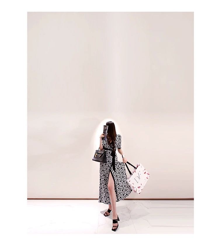 New Spring and Summer One-Piece Print Dress Shoelace Fashion Long Skirt Slim Looking High Elegant V Neck Slim Dress
