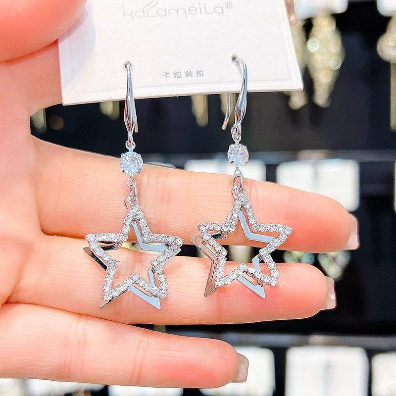 Full Diamond Eardrops Temperament Wild Five-Pointed Star Female Sterling Silver Needle