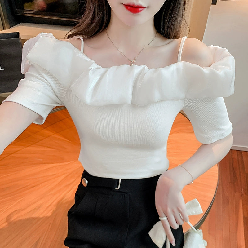Summer Sexy T-shirt Collarbone off-Shoulder Top Short Sleeve