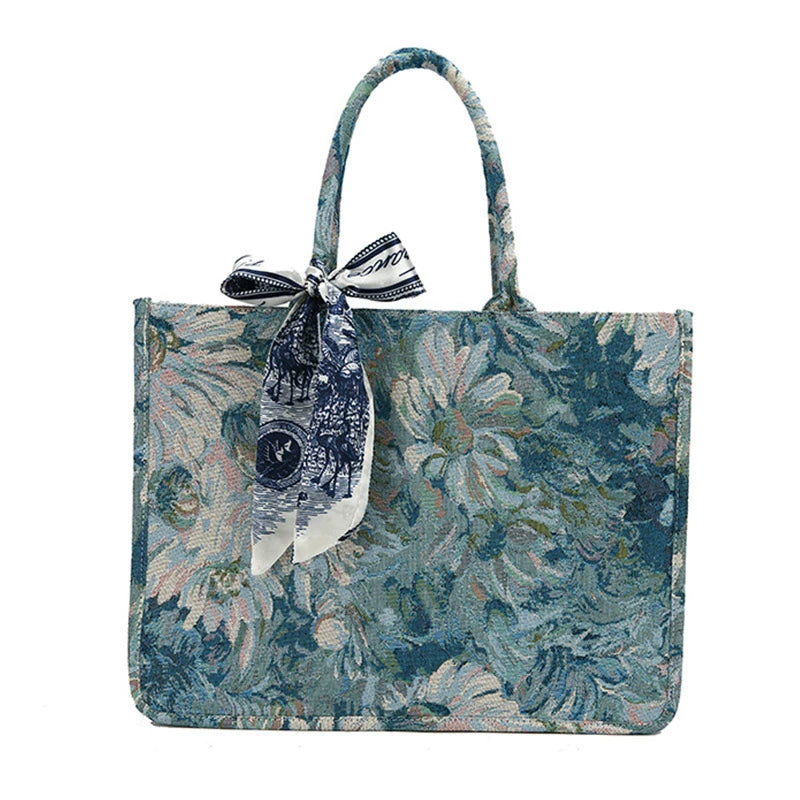 Monet Garden Oil Painting Tote Bag Women 2024 New Trendy Large Capacity Niche Commuter Embroidery Portable Shoulder Bag