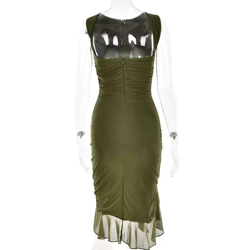 Magnificent Chinese Clothing European and American Style New round Neck Sleeveless Elegant Fashion Double Layer Sexy Tight Open Back Pleated Midi Dress