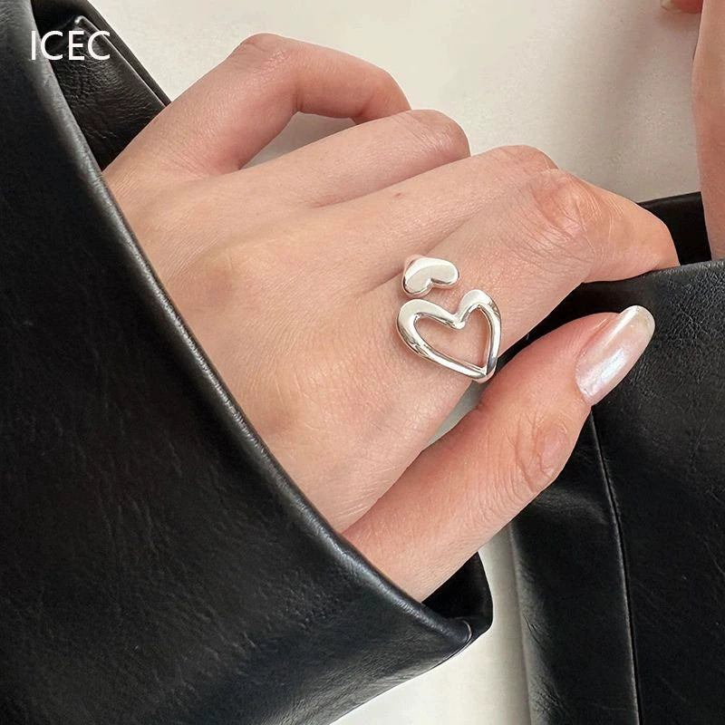 S925 Sterling Silver Heart-Shaped Hollow Ring Korean Series Simple Cold Style Niche Design Open Adjustable Diet Finger Ring