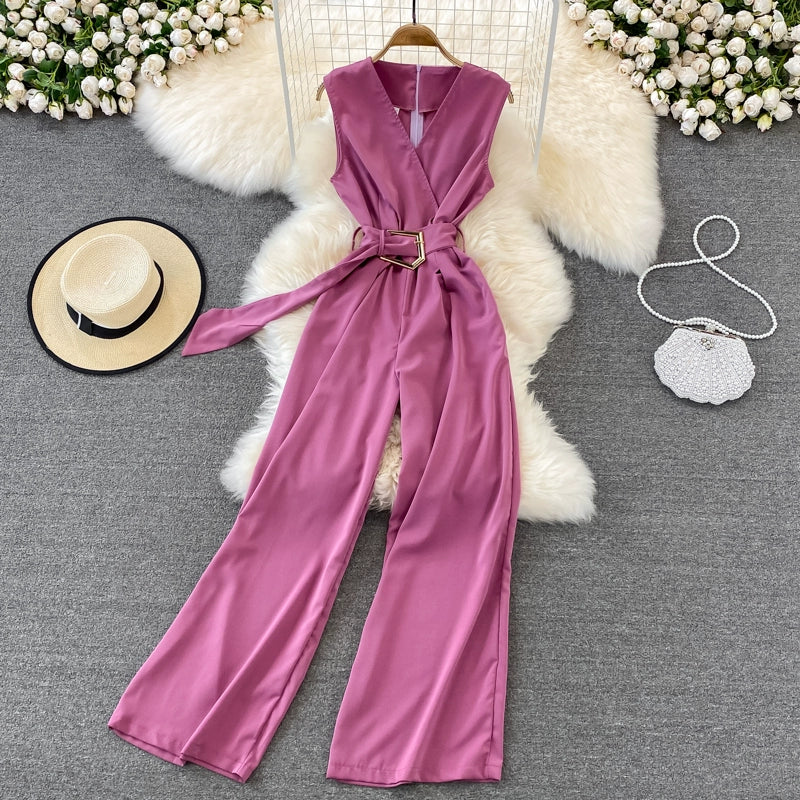K-style V Neck High Waist Fashion Casual Drooping Wide Leg Pants