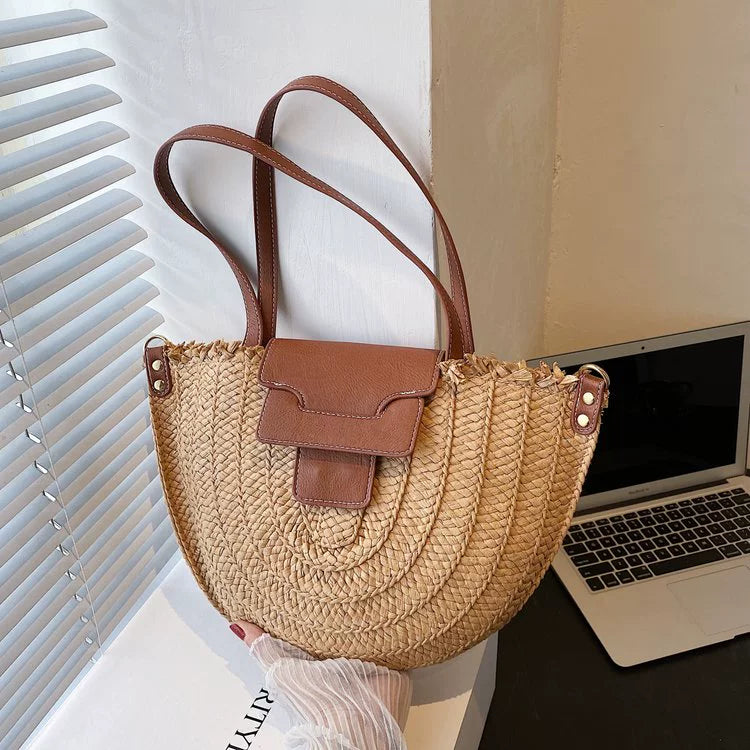 French Style Retro Straw Bag Semicircle Underarm Shoulder Messenger Bag Seaside Vacation Beach Woven Bag
