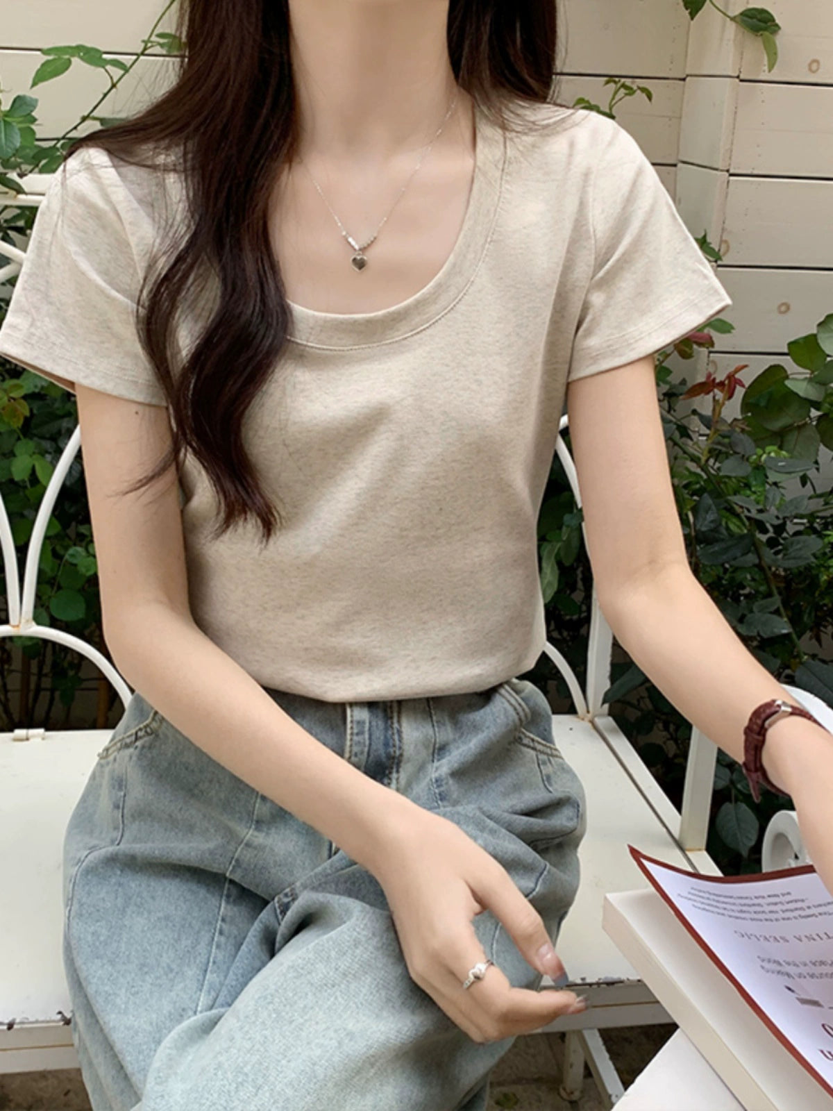U-Neck Short Sleeve Slim Fit Stylish Solid Color Top T-shirt