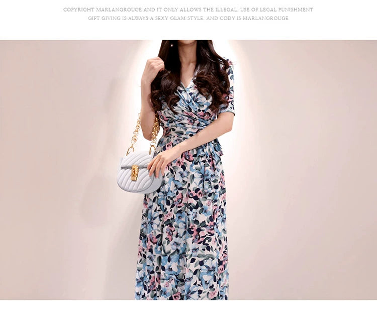 New Spring and Summer One-Piece Print Dress Shoelace Fashion Long Skirt Slim Looking High Elegant V Neck Slim Dress