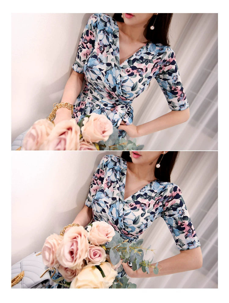 New Spring and Summer One-Piece Print Dress Shoelace Fashion Long Skirt Slim Looking High Elegant V Neck Slim Dress