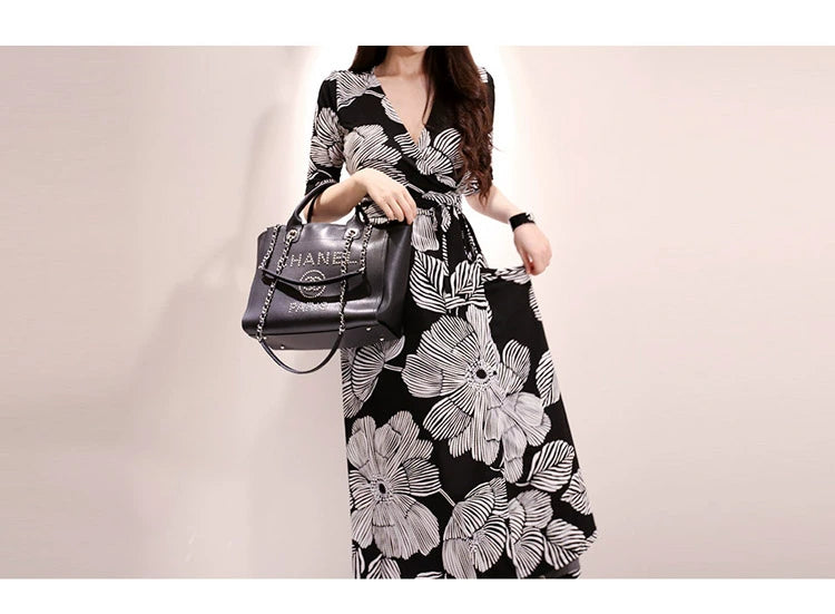 New Spring and Summer One-Piece Print Dress Shoelace Fashion Long Skirt Slim Looking High Elegant V Neck Slim Dress