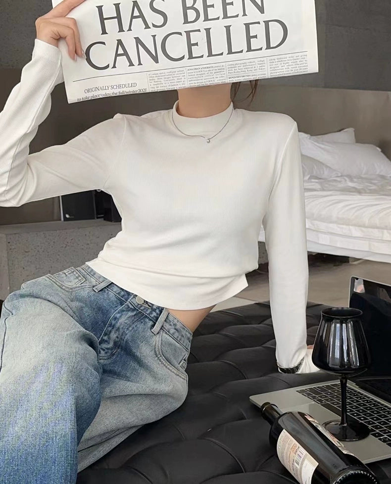 Fall and Winter Elastic Threaded Long Sleeve Silm Short Bottoming Shirt