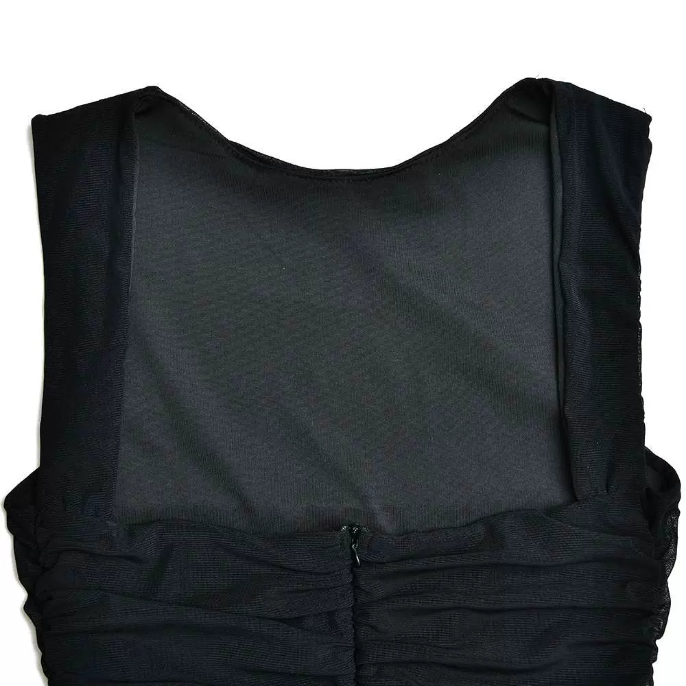 Magnificent Chinese Clothing European and American Style New round Neck Sleeveless Elegant Fashion Double Layer Sexy Tight Open Back Pleated Midi Dress