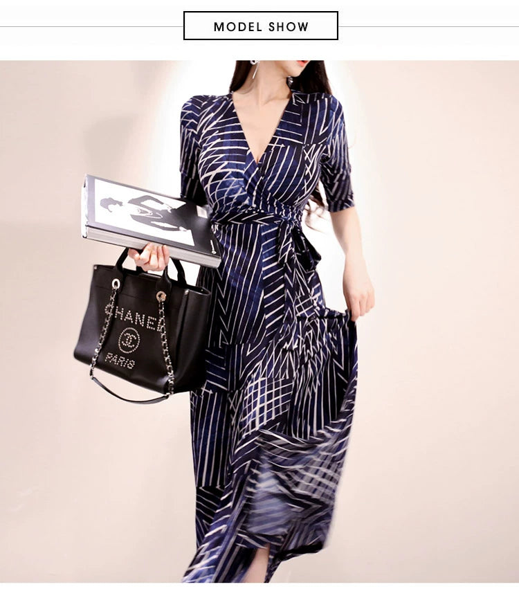 New Spring and Summer One-Piece Print Dress Shoelace Fashion Long Skirt Slim Looking High Elegant V Neck Slim Dress