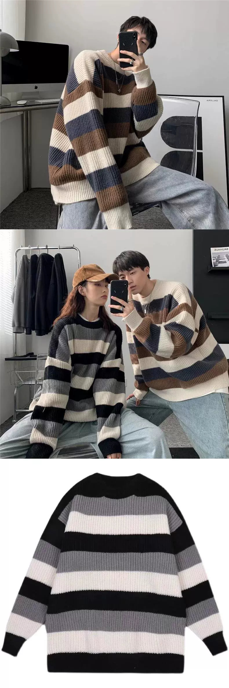 Contrast Color Striped Crew Neck Retro Hong Kong Style Chic Sweater
