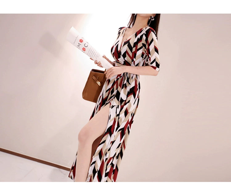 New Spring and Summer One-Piece Print Dress Shoelace Fashion Long Skirt Slim Looking High Elegant V Neck Slim Dress