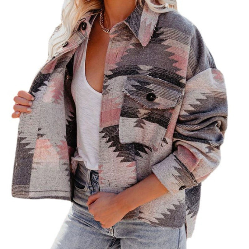 Women's Vintage Geometric Printed Long-Sleeve Woolen Cardigan