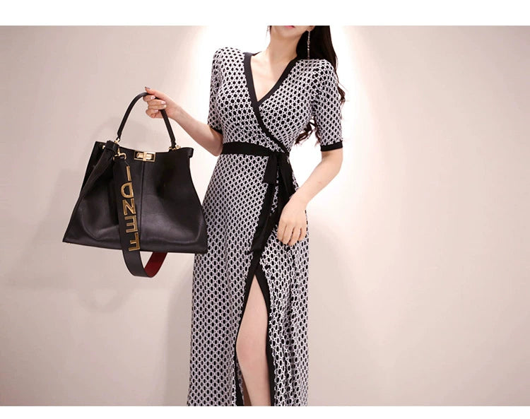 New Spring and Summer One-Piece Print Dress Shoelace Fashion Long Skirt Slim Looking High Elegant V Neck Slim Dress