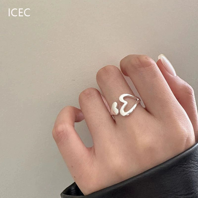 S925 Sterling Silver Heart-Shaped Hollow Ring Korean Series Simple Cold Style Niche Design Open Adjustable Diet Finger Ring