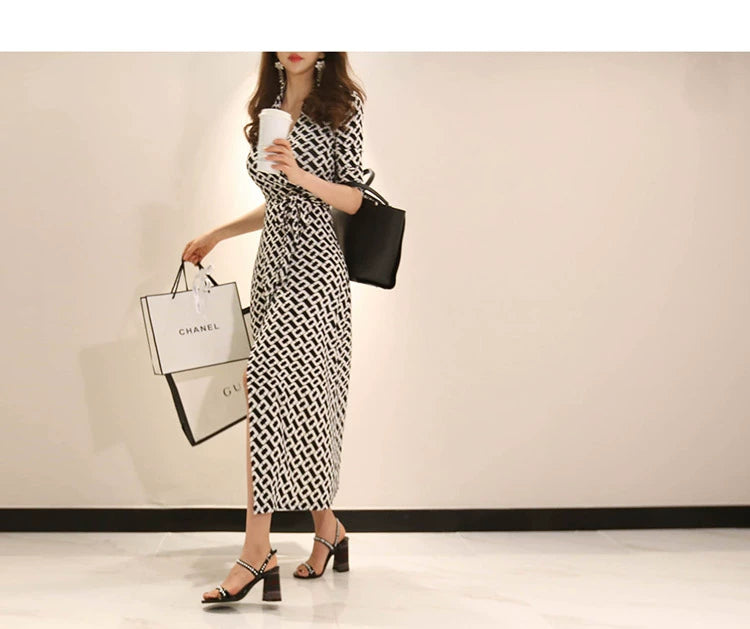 New Spring and Summer One-Piece Print Dress Shoelace Fashion Long Skirt Slim Looking High Elegant V Neck Slim Dress