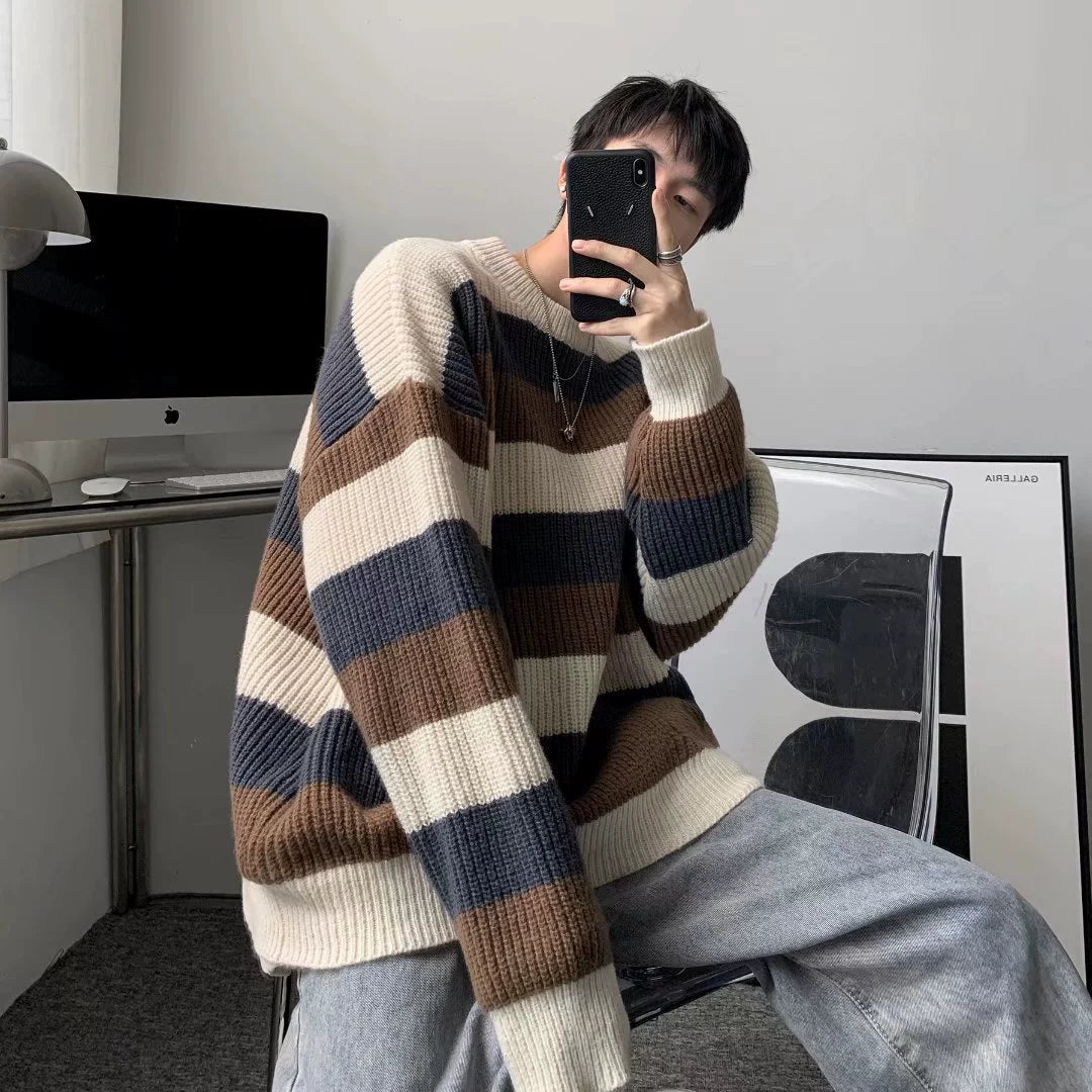 Contrast Color Striped Crew Neck Retro Hong Kong Style Chic Sweater
