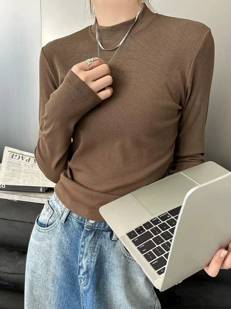 Fall and Winter Elastic Threaded Long Sleeve Silm Short Bottoming Shirt