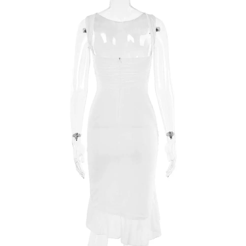 Magnificent Chinese Clothing European and American Style New round Neck Sleeveless Elegant Fashion Double Layer Sexy Tight Open Back Pleated Midi Dress