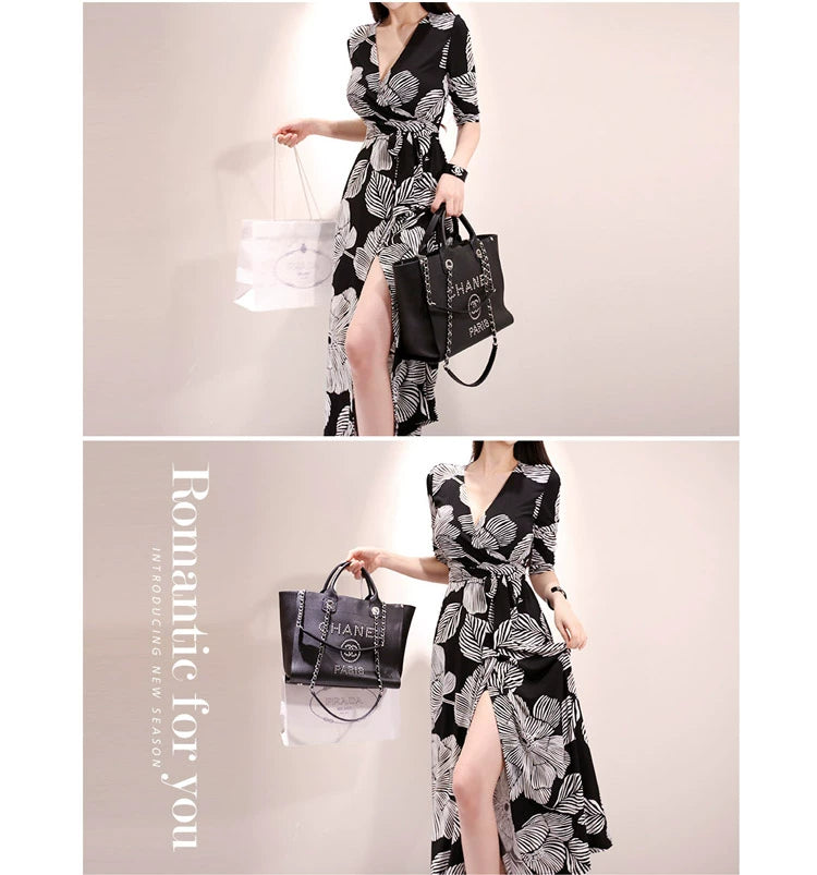 New Spring and Summer One-Piece Print Dress Shoelace Fashion Long Skirt Slim Looking High Elegant V Neck Slim Dress