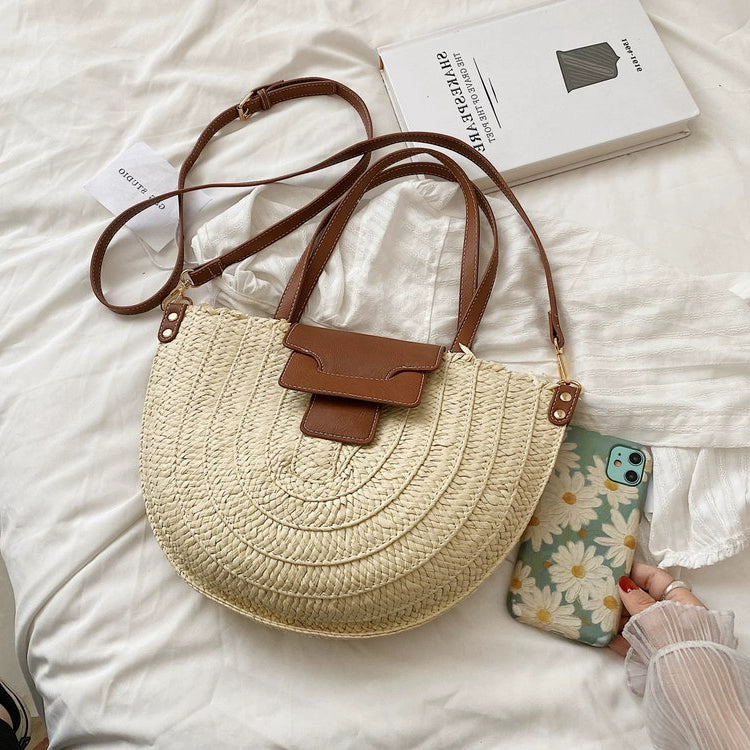 French Style Retro Straw Bag Semicircle Underarm Shoulder Messenger Bag Seaside Vacation Beach Woven Bag