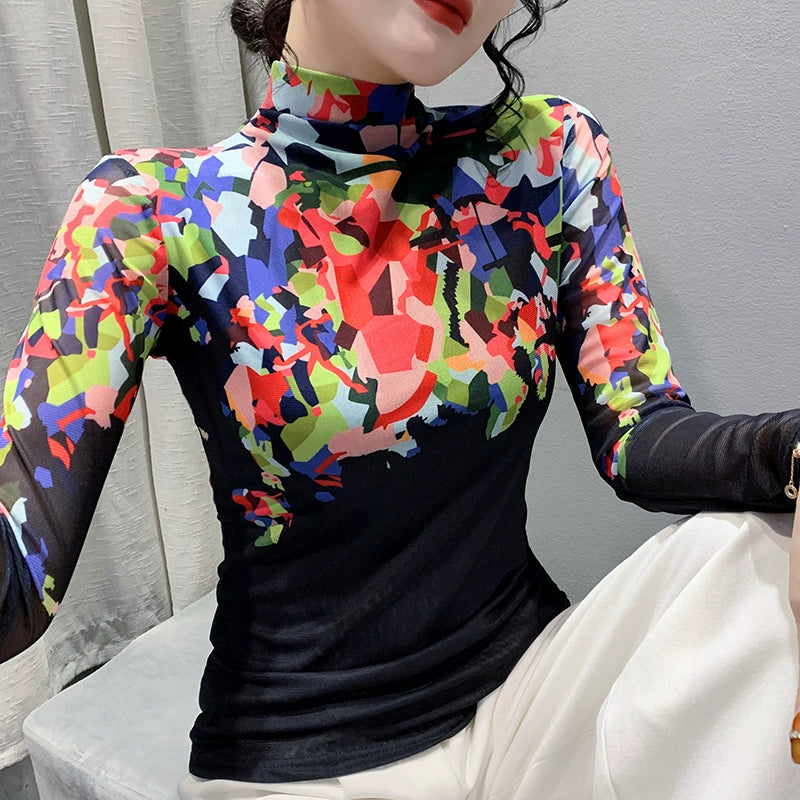 Printed Top Design Long Sleeve Mesh