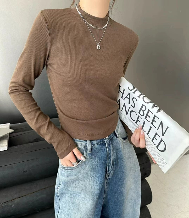 Fall and Winter Elastic Threaded Long Sleeve Silm Short Bottoming Shirt