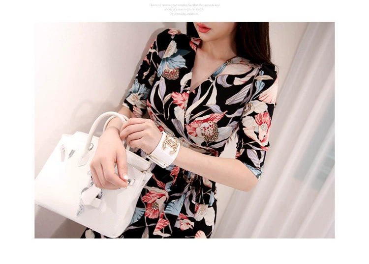New Spring and Summer One-Piece Print Dress Shoelace Fashion Long Skirt Slim Looking High Elegant V Neck Slim Dress