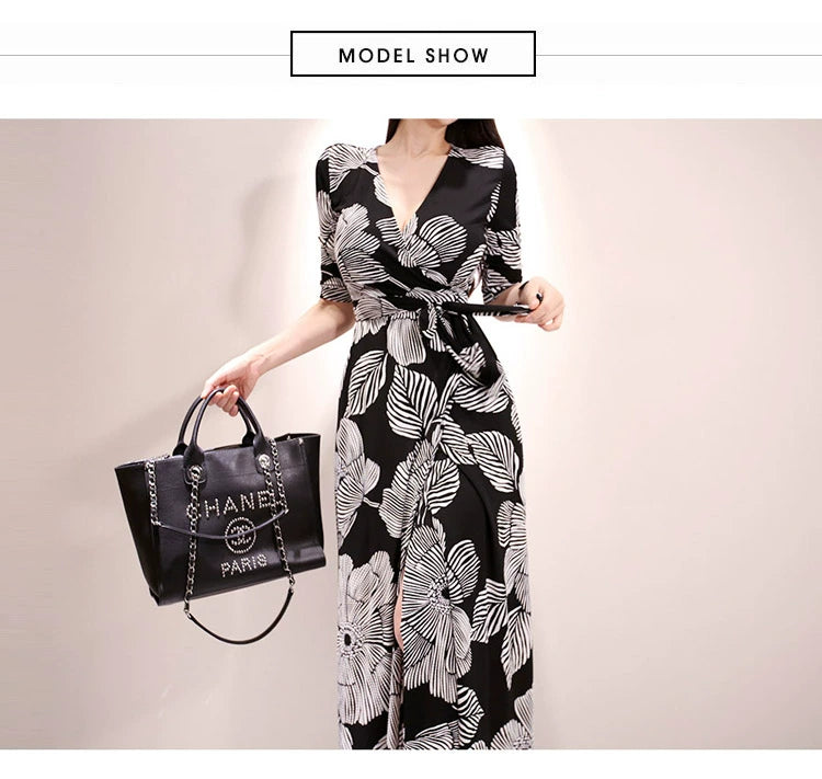 New Spring and Summer One-Piece Print Dress Shoelace Fashion Long Skirt Slim Looking High Elegant V Neck Slim Dress