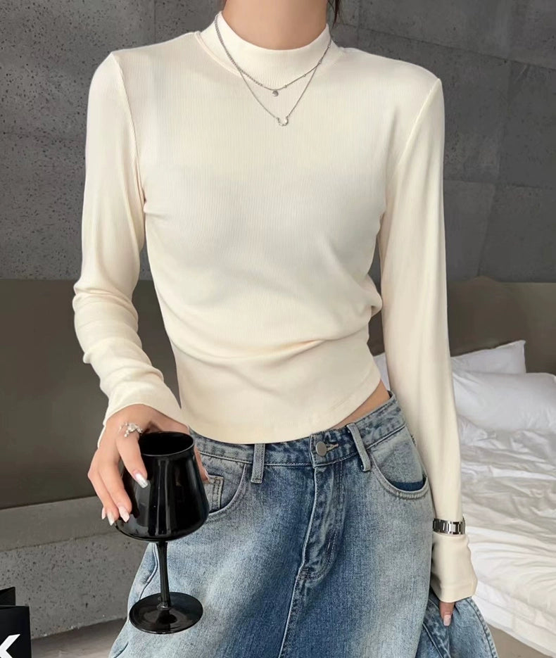 Fall and Winter Elastic Threaded Long Sleeve Silm Short Bottoming Shirt