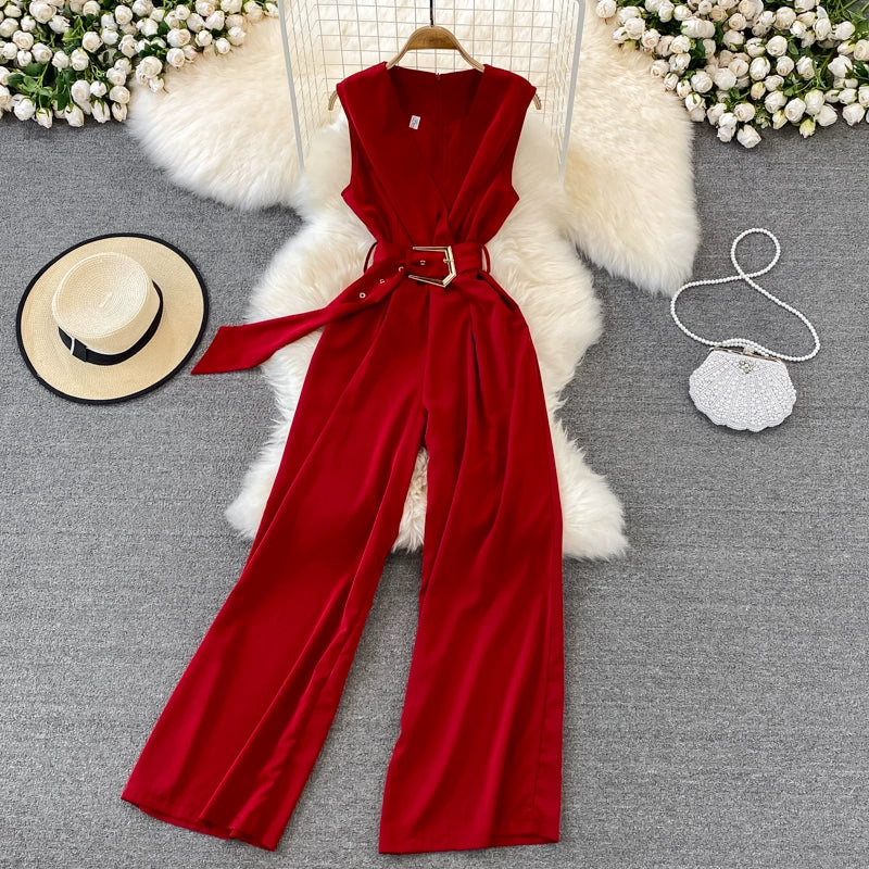 K-style V Neck High Waist Fashion Casual Drooping Wide Leg Pants