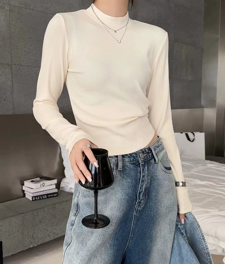 Fall and Winter Elastic Threaded Long Sleeve Silm Short Bottoming Shirt