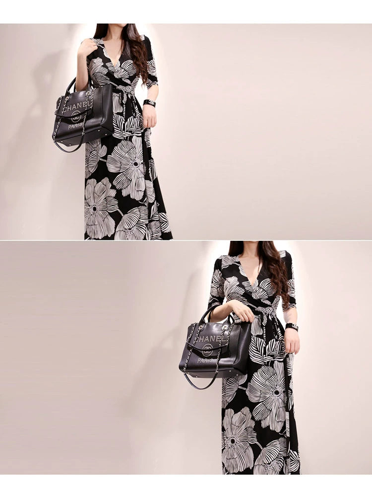 New Spring and Summer One-Piece Print Dress Shoelace Fashion Long Skirt Slim Looking High Elegant V Neck Slim Dress