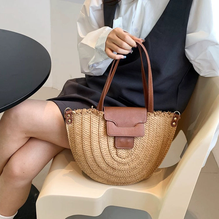 French Style Retro Straw Bag Semicircle Underarm Shoulder Messenger Bag Seaside Vacation Beach Woven Bag