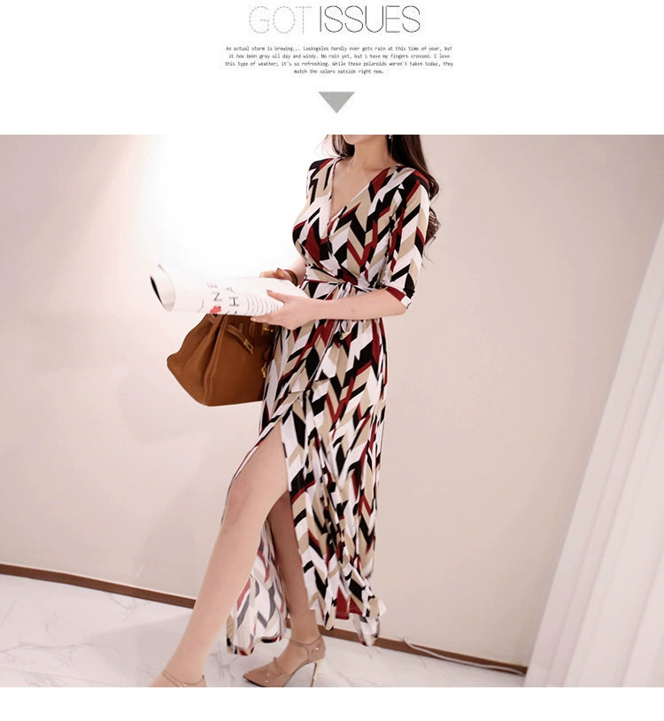 New Spring and Summer One-Piece Print Dress Shoelace Fashion Long Skirt Slim Looking High Elegant V Neck Slim Dress