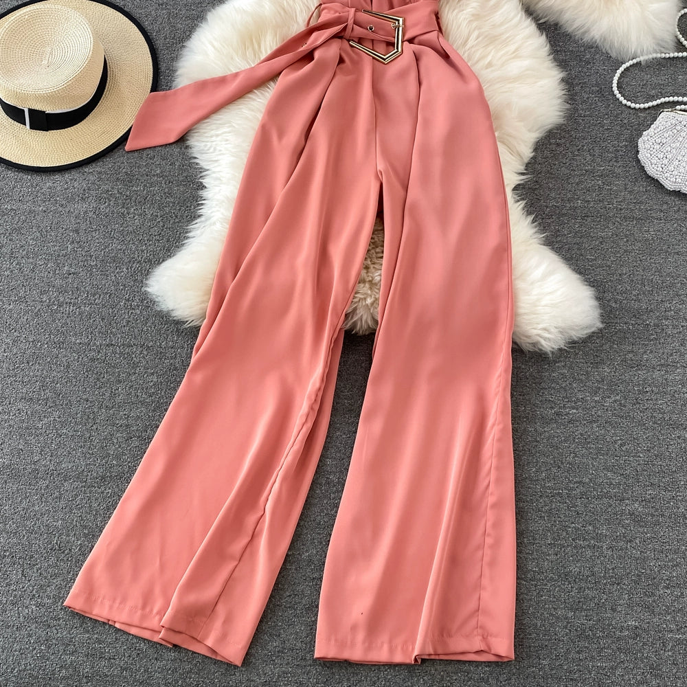 K-style V Neck High Waist Fashion Casual Drooping Wide Leg Pants