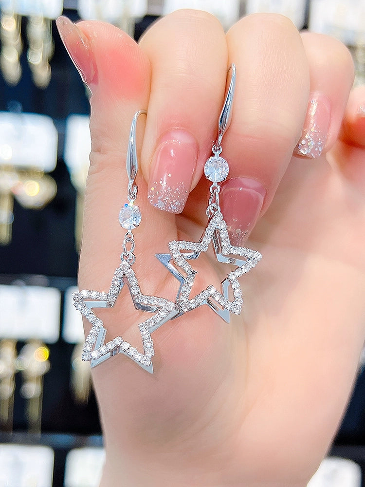 Full Diamond Eardrops Temperament Wild Five-Pointed Star Female Sterling Silver Needle