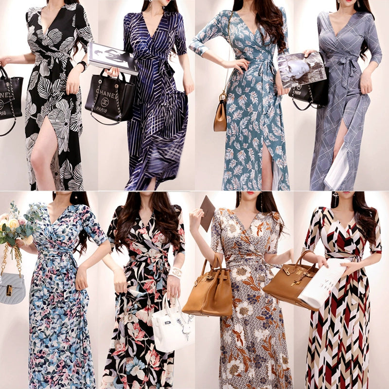 New Spring and Summer One-Piece Print Dress Shoelace Fashion Long Skirt Slim Looking High Elegant V Neck Slim Dress