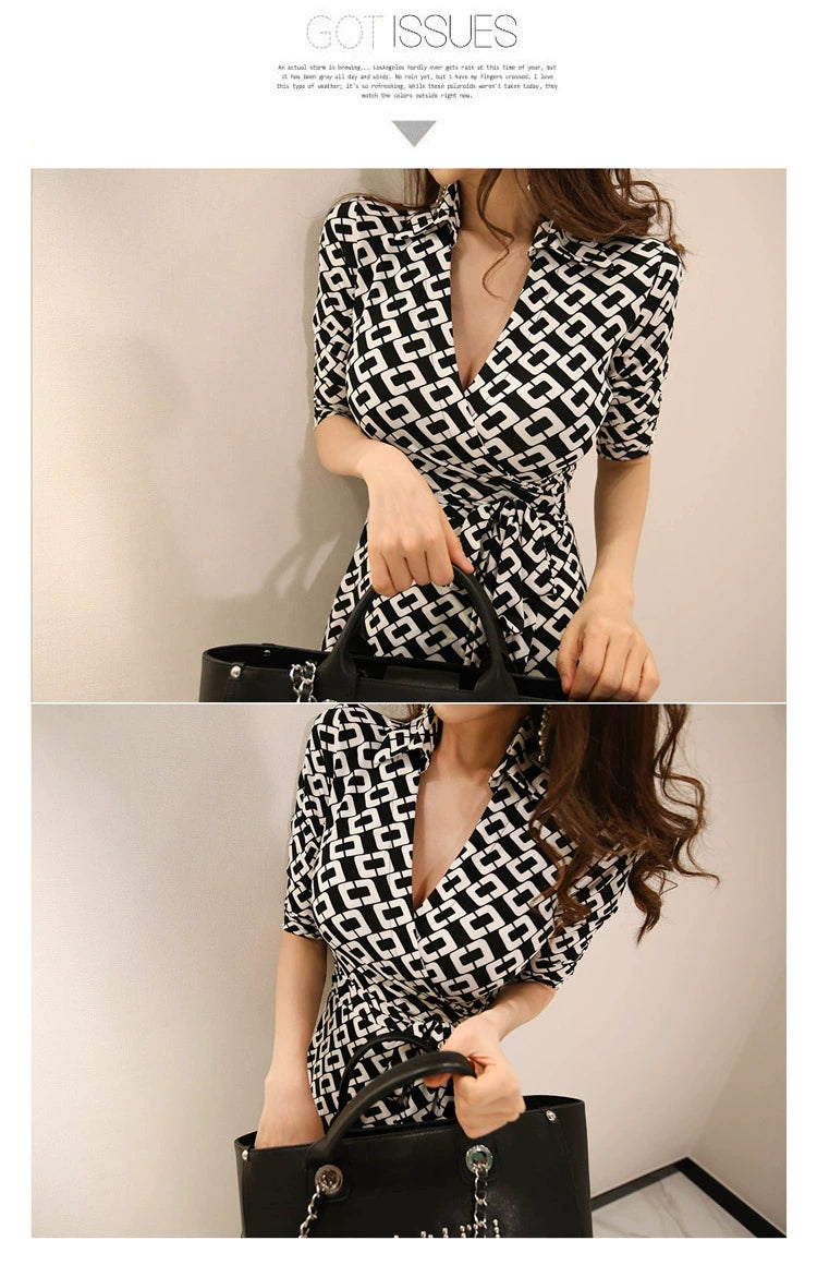 New Spring and Summer One-Piece Print Dress Shoelace Fashion Long Skirt Slim Looking High Elegant V Neck Slim Dress