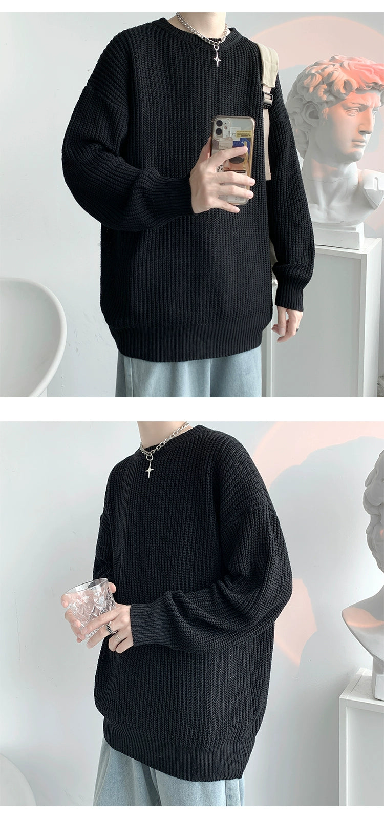 Hong Kong Style Sweater Men's Loose and Lazy Style Ins Casual Solid Color Sweater Japanese-Style Retro Student All-Matching Sweater