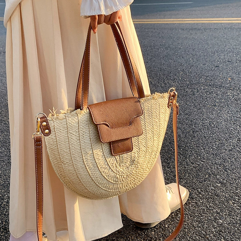 French Style Retro Straw Bag Semicircle Underarm Shoulder Messenger Bag Seaside Vacation Beach Woven Bag