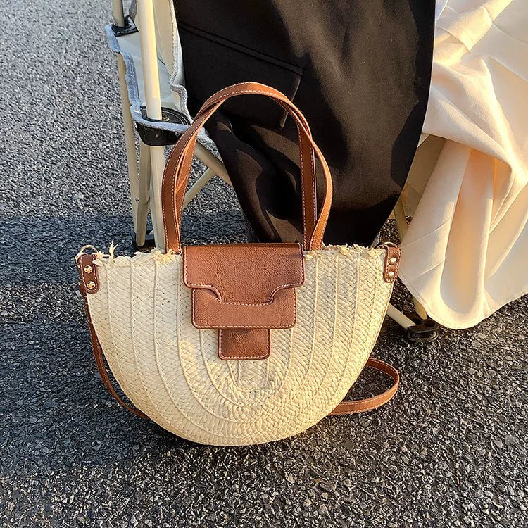 French Style Retro Straw Bag Semicircle Underarm Shoulder Messenger Bag Seaside Vacation Beach Woven Bag